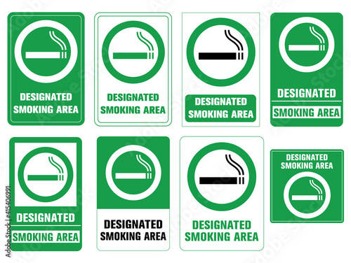 Designated smoking area - green signboard sticker set with public notice information