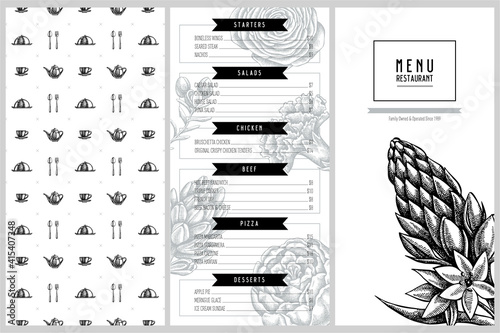 Vintage menu design with peony, carnation, ranunculus, wax flower, ornithogalum, hyacinth