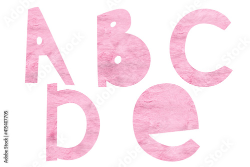 Fluffy alphabet in tender pink pastel colors on white background. Part 1