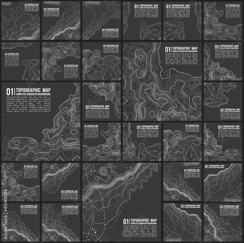 Grey contours vector topography. Geographic mountain topography vector illustration. Topographic pattern texture. Map on land vector terrain. Elevation graphic contour height lines. Vector Set.