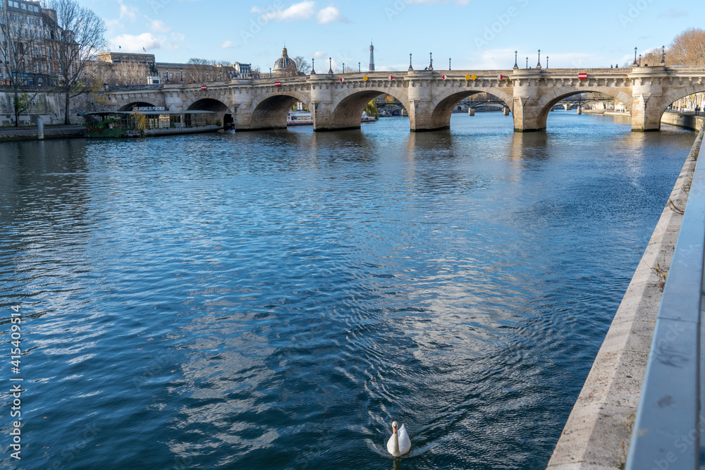 France, Paris, the famous Pont Neuf crossing the river Seine. to Île de la Cité.