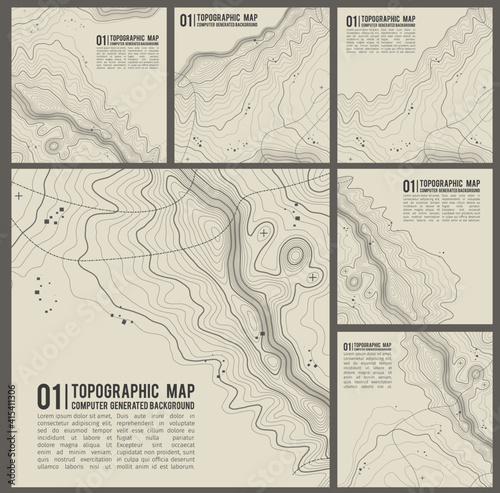 Topographic pattern texture vector Set. Grey contours vector topography. Geographic mountain topography vector illustration. Map on land vector terrain. Elevation graphic contour height lines.