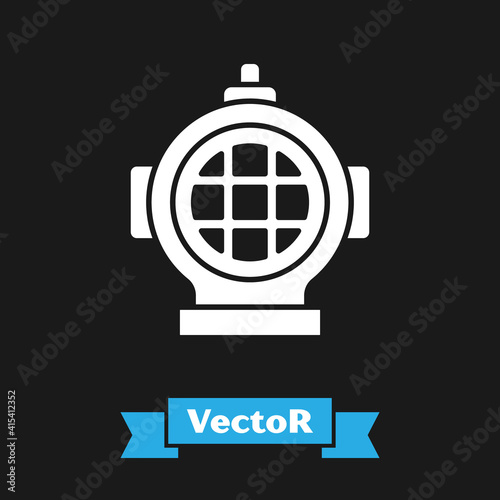 White Aqualung icon isolated on black background. Diving helmet. Diving underwater equipment. Vector.