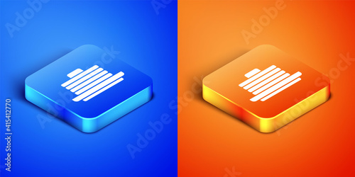 Isometric Stack of pancakes icon isolated on blue and orange background. Baking with syrup and cherry. Breakfast concept. Square button. Vector.