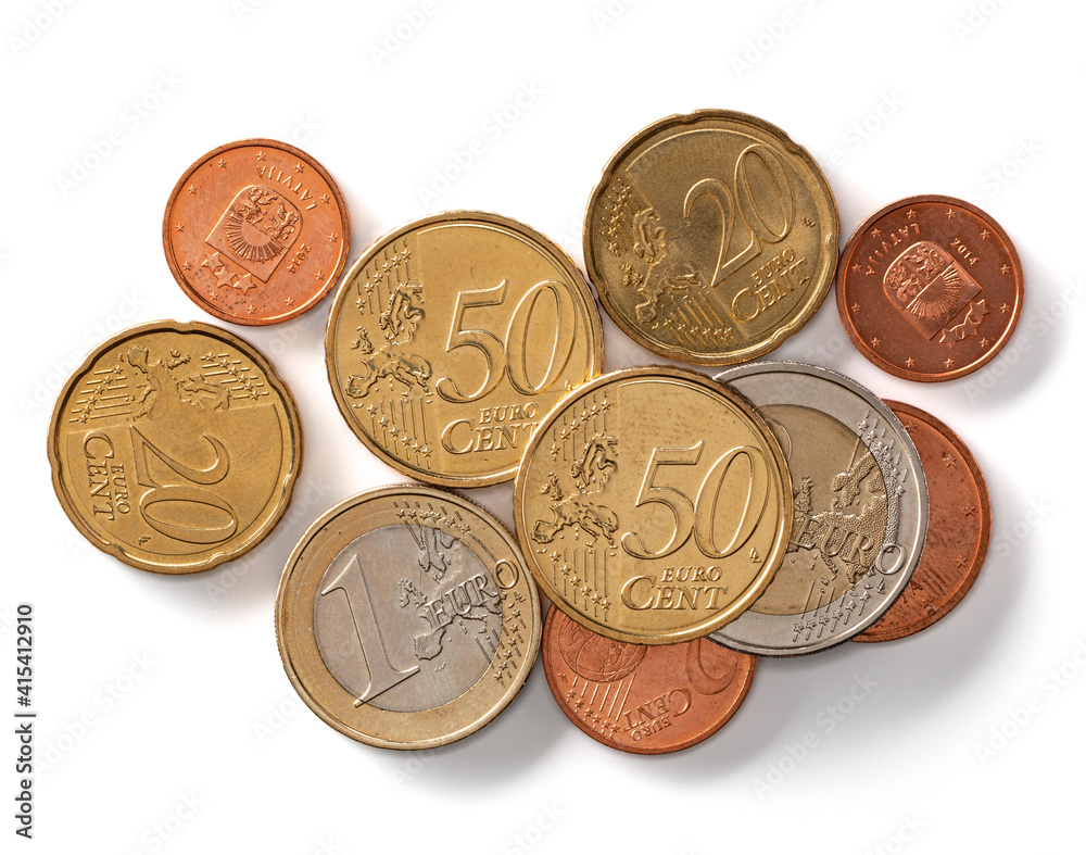 Euro coins isolated on white background closeup. Money concept. Top view, flat lay. Euro coins isolated on white background closeup. Money concept. Top view, flat lay.
