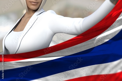 cute business lady holds Thailand flag in front on the mall background - flag concept 3d illustration
