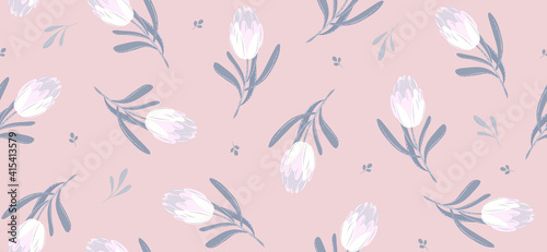 Pink tulips summer vector seamless pattern. Spring white tulip flowers and violet leaves on pink background. Trendy floral pattern for fabric, textile, wrapping paper, wedding, easter, poster. EPS10