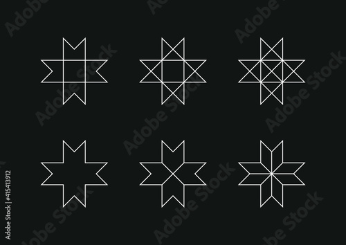 Different versions of octagram shapes and symbols. Geometrical object. Octagram is an eight-angled star polygon commonly used in many different cultures through history and modern times. 