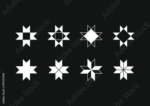Different versions of octagram shapes and symbols. Geometrical object. Octagram is an eight-angled star polygon commonly used in many different cultures through history and modern times. 
