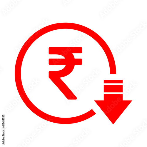 Rupee reduction symbol, cost decrease icon. Reduce debt bussiness sign vector illustration