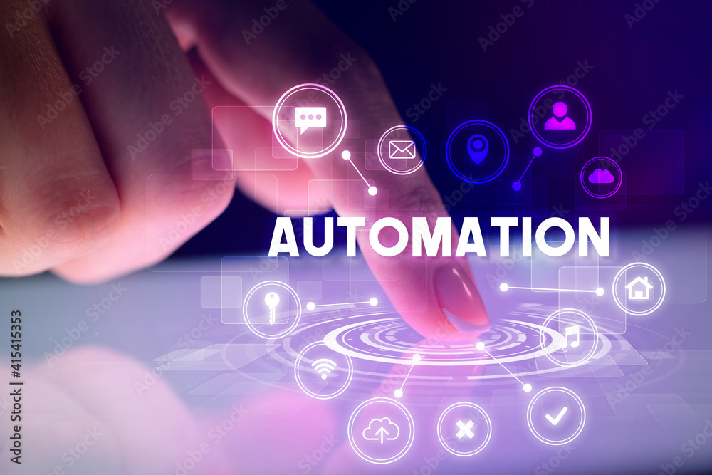Finger touching tablet with web technology icons and AUTOMATION inscription, web technology concept Finger touching tablet with web technology icons and AUTOMATION inscription, web technology concept