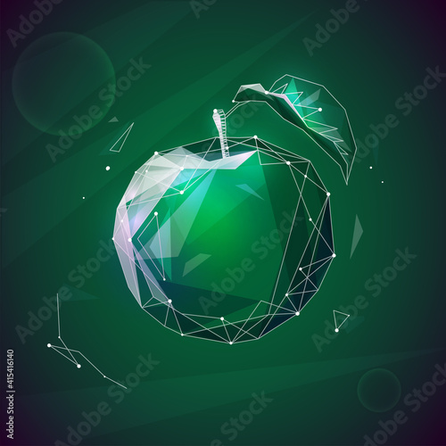 A shining apple composed of shards of glass that reflect light, isolated on a green background. Modern wire frame mesh design vector illustration.