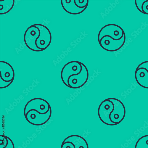 Blue line Yin Yang symbol of harmony and balance icon isolated seamless pattern on green background. Vector.