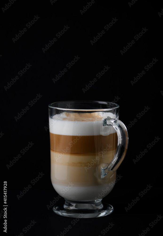 Coffee with milk on dark background. Close up. Copy space.