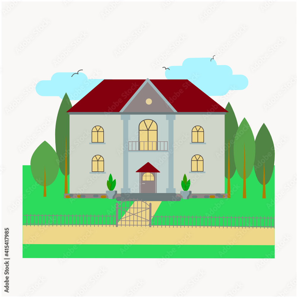 Naklejka premium Villa, homestead with lawn, trees and a fence. Facade with columns and a balcony. Vector graphics, isolated white background. Poster, design for the site, postcard, booklet.