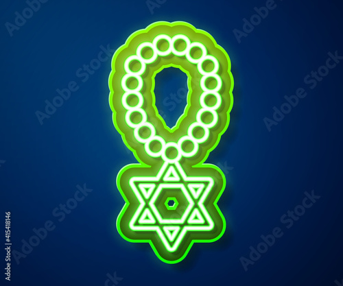 Glowing neon line Star of David necklace on chain icon isolated on blue background. Jewish religion symbol. Symbol of Israel. Jewellery and accessory. Vector.