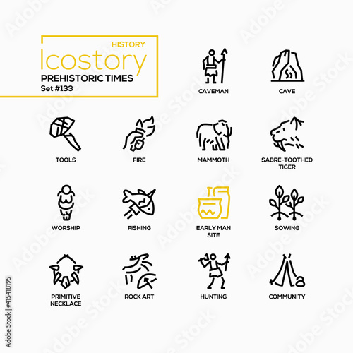 Prehistoric times - line design style icons set