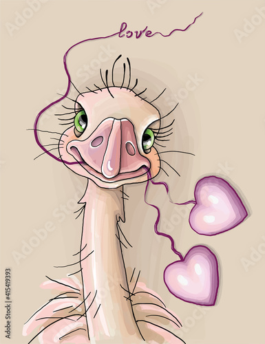 vector illustration on a colored background cheerful ostrich with love