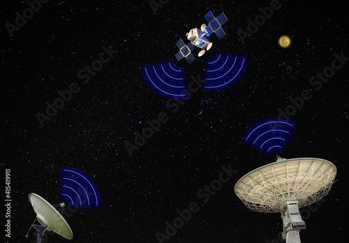 Fototapeta Naklejka Na Ścianę i Meble -  The satellite model in space communicating with satellite station on earth ground on galaxy background with many shining star (concept idea communication technology)