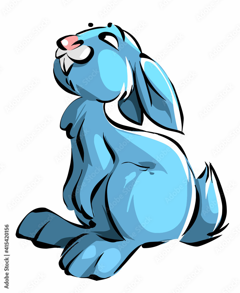 Cute rabbit cartoon. The rabbit sits and looks up.