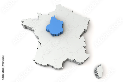 Map of France showing centre-val de loire region. 3D Rendering