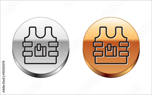 Black line Bulletproof vest for protection from bullets icon isolated on white background. Body armor sign. Military clothing. Silver-gold circle button. Vector.