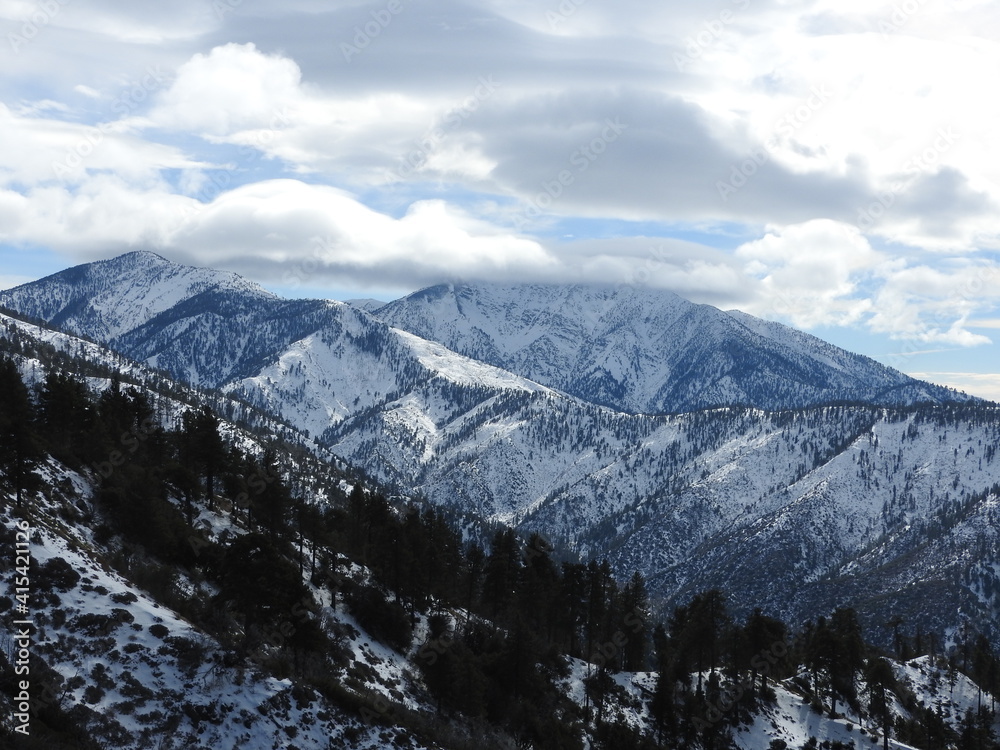 Winter scenery of the snow-covered San Gabriel Mountains, San Bernardino County, California.