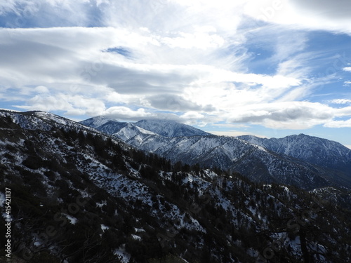 Winter scenery of the snow-covered San Gabriel Mountains, San Bernardino County, California.