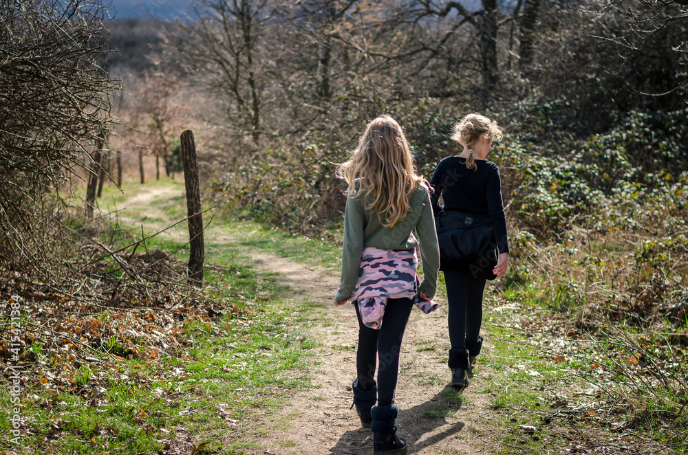 Fototapeta premium two children walking together free in the nature