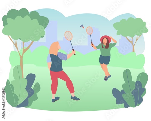 Two young woman play badminton in park Outdoor sport activity Vector illustration