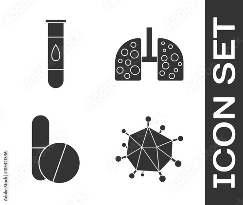 Set Virus, Blood test and virus, Medicine pill or tablet and Virus cells in lung icon. Vector.