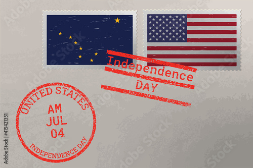 Postage stamp envelope with Alaska and USA flag and 4-th July stamps, vector.