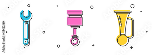 Set Wrench, Engine piston and Signal horn on vehicle icon. Vector.