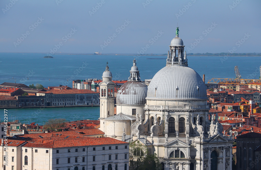 Panoramic bird's eye view  of the Basilica of Santa Maria della Salute close-up from the Campanile Tower of the Basilica of San Marco