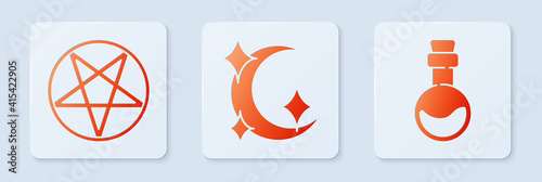 Set Moon and stars, Pentagram in a circle and Bottle with love potion. White square button. Vector.