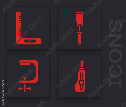 Set Stationery knife, Corner ruler, Putty knife and Clamp and screw tool icon. Vector.