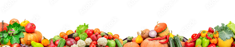 Wide collage of fresh fruits and vegetables for layout isolated on white Wide collage of fresh fruits and vegetables for layout isolated on white