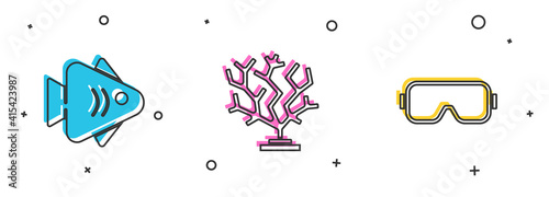 Set Fish, Coral and Diving mask icon. Vector.