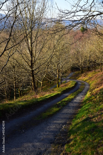 a single track road leading up to the mountains in the sunlight