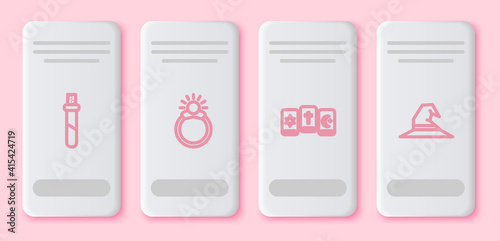 Set line Bottle with love potion, Magic stone ring gem, Three tarot cards and Witch hat. White rectangle button. Vector.