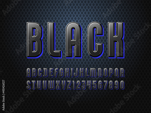 3d modern original font, trendy dark alphabet with blue glow, condensed letters and numbers, vector illustration 10eps.