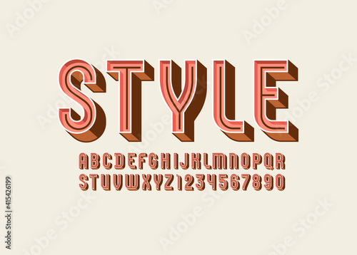 3D modern Font, trendy orange alphabet, condensed letters and numbers with line, vector illustration 10eps