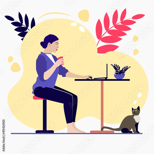 The girl works at home at remote work. She sits on a chair and sits next to a cat. Vector illustration in a flat style. E-learning, job search, home office, freelance.