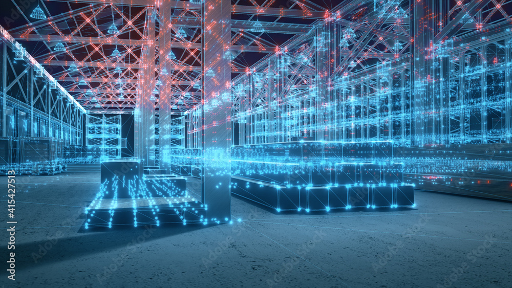 3d Rendered Illustration of digital warehouse hud goloram 3d scanning