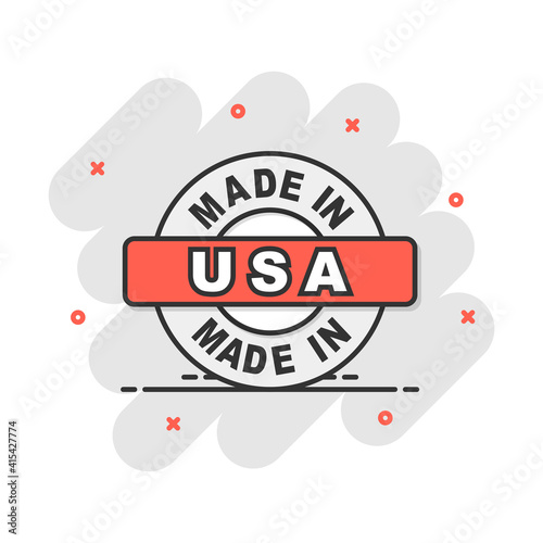 Cartoon made in USA icon in comic style. Manufactured illustration pictogram. Produce sign splash business concept.