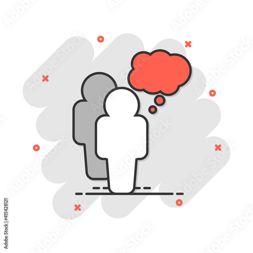 Cartoon people with speach bubble icon in comic style. Person illustration pictogram. Users person sign splash business concept.