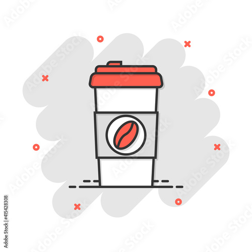 Coffee, tea cup icon in comic style. Coffee mug vector cartoon illustration pictogram. Drink business concept splash effect.