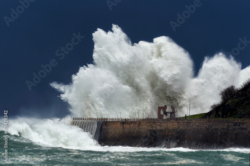 Wave caused by big storm crashing coastline in San Sebastian Donostia