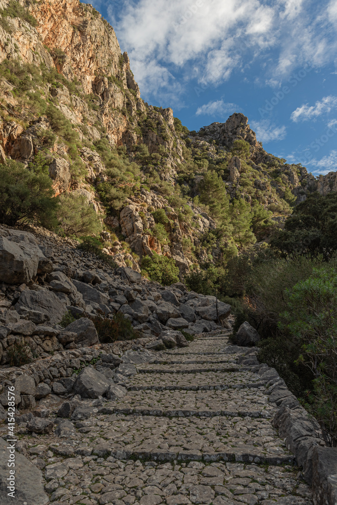 Biniaraix, Tramuntana Valley Mallorca. Mountains and ancient Stone Walls