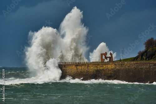 Wave caused by big storm crashing coastline in San Sebastian Donostia